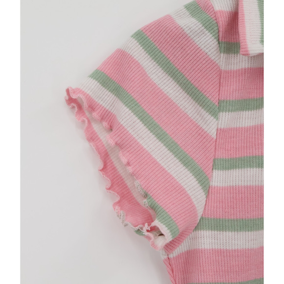 Y2K Preppy Polo Crop Top Pink Green Striped Ribbed 90s Soft Girl Pastel Size L - Picture 3 of 9